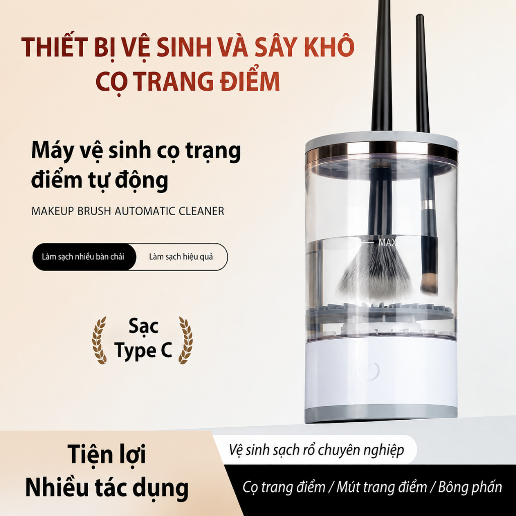 Máy Giặt Cọ Trang Điểm Tự Động 2 Trong 1 – Làm Sạch & Sấy Khô Nhanh, Sạc Type-C, Làm Sạch Sâu 360°