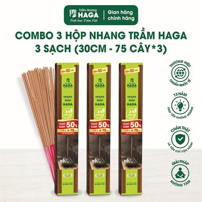 [ĐƠN 159K TẶNG NHANG] 3 hộp Nhang trầm tự nhiên HAGA 3 sạch,75 cây*3, 30cm, thơm trầm thờ cúng, it khói,an toàn sức khỏe