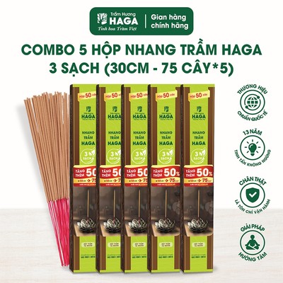 [ TẶNG 1 NHANG ] 5 hộp nhang trầm hương tự nhên HAGA 3 sạch, ít khói, thơm trầm thờ cúng, đốt bàn thờ, 75 cây *5/30cm