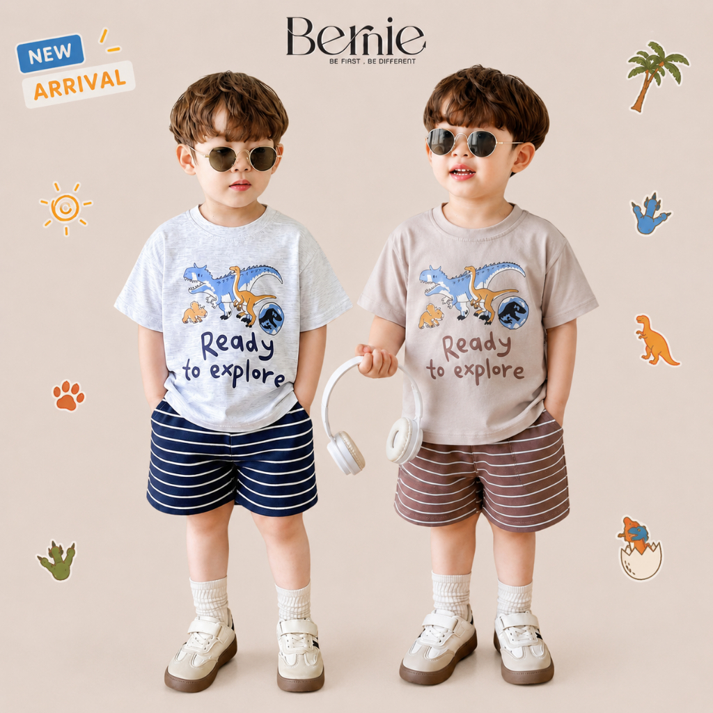 Đồ bộ cộc cho bé trai thun cotton họa tiết khủng long Ready size từ 9 đến 24kg BERNIE H1025B55