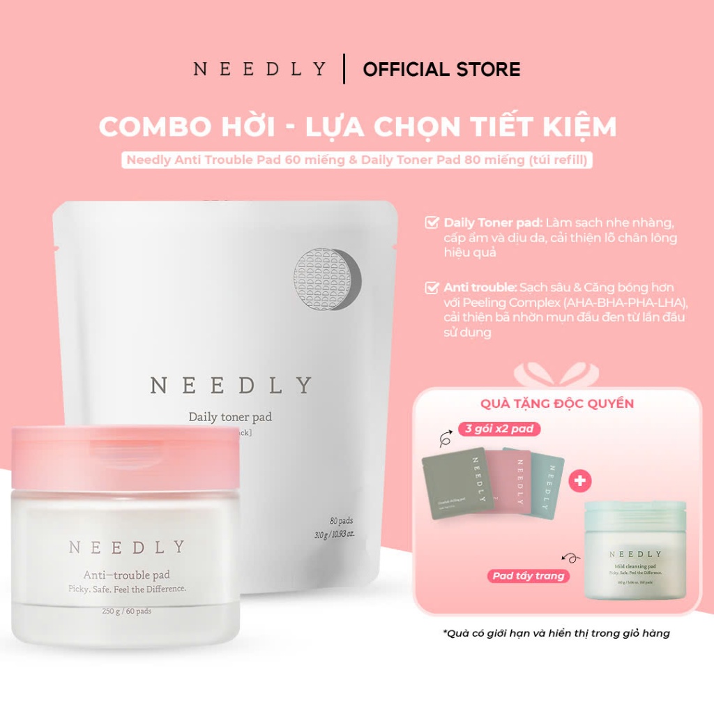 [COMBO HỜI] Toner Pad Needly Anti-Trouble Làm Sạch Bã Nhờn Căng Bóng 250G 80 Miếng & Túi Refill Dail