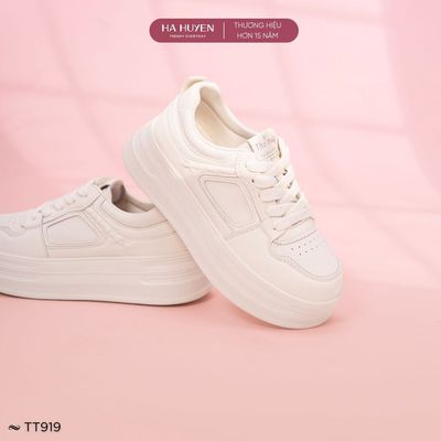 Giày thể thao nữ 5cm HÀ HUYỀN, Sneaker nữ da lì dây buộc độn đế 5 phân - TT919