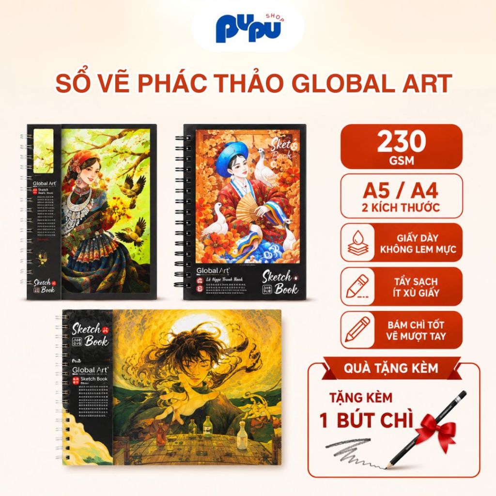 Sổ Vẽ Không Kị Tẩy Global Art - Sổ Vẽ Phác Thảo Cao Cấp Size A5/A4 190gsm - Tặng Kèm Line Art