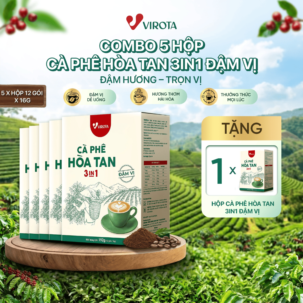 Combo 5 hộp Cà phê hòa tan 3in1 VIROTA - Robusta Arabica thơm đậm tiện lợi - Tặng 1 hộp cà phê hòa t