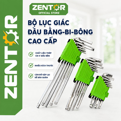 Bộ lục giác vặn ốc Zentor loại ngắn, dài đầu bi, đầu bông hoa thị bộ 9 món chất thép CR-V siêu bền chịu lực tốt