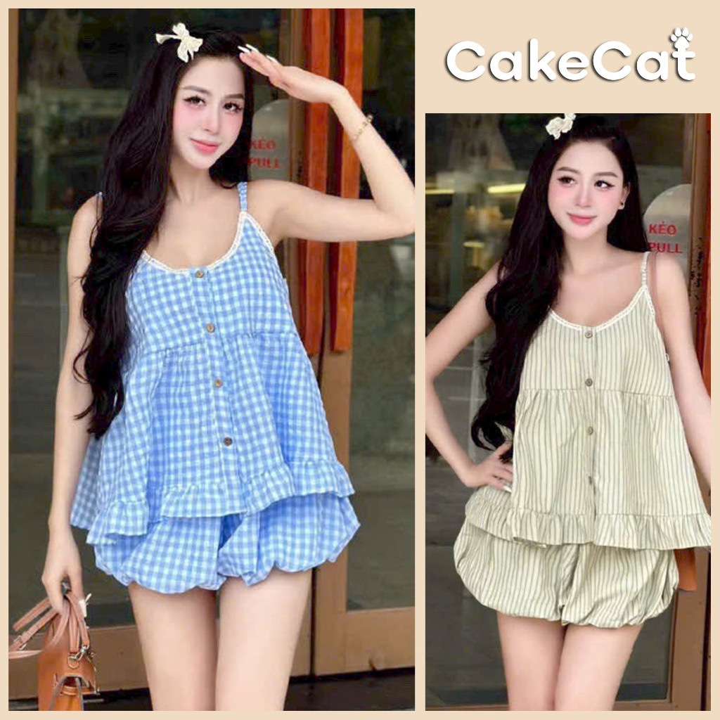 Set Bộ Nữ Áo 2 Dây Caro Sọc Viền Ren Picnic Set Quần Váy Bí Mặc Đi Biển - Cakecat