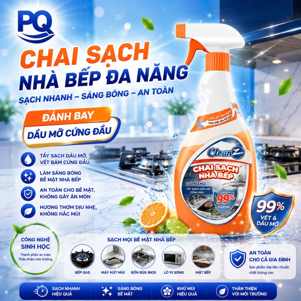 Chai Sạch Nhà Và Bếp Cleanz Làm Sạch Dầu Mỡ,Thơm Mùi Chanh Dung Tích 450ml