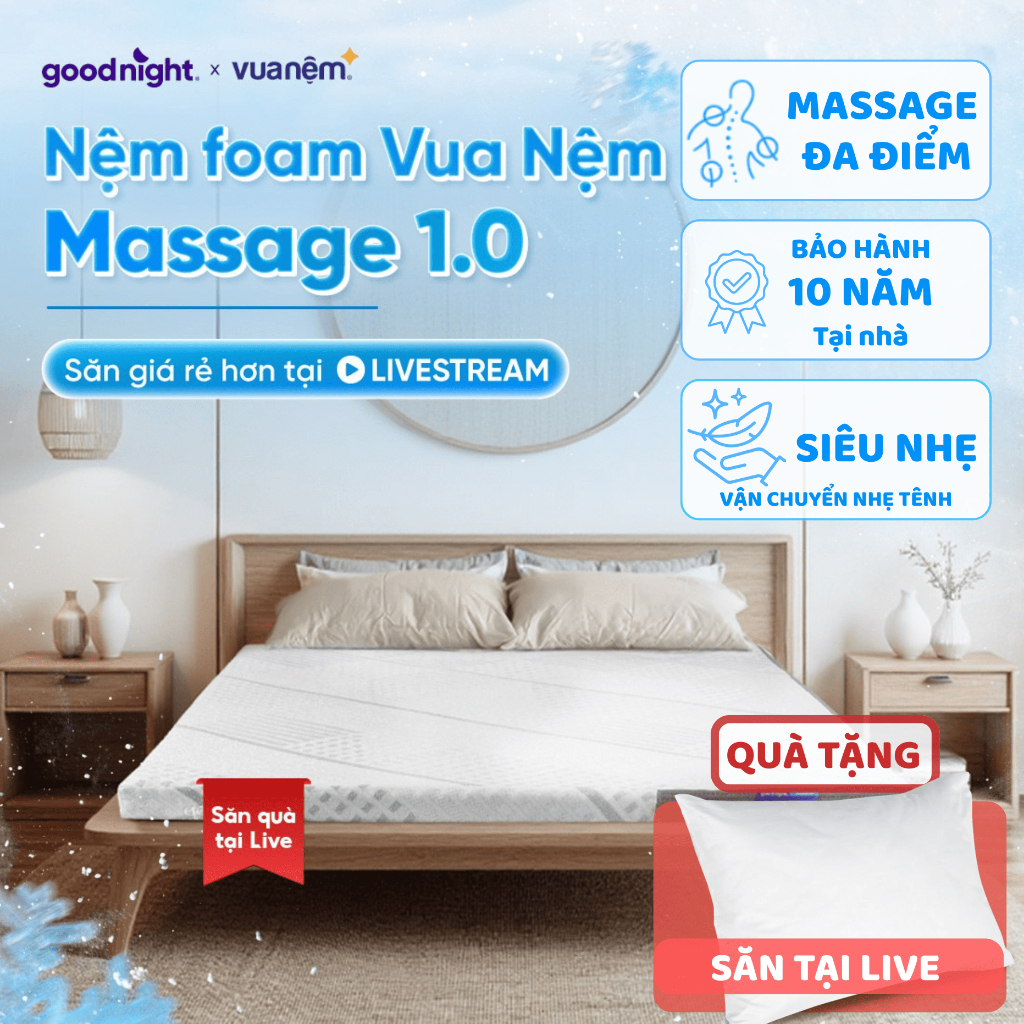 [24-25/6 TẶNG GỐI] Nệm Foam Cấu Trúc Lượn Sóng Goodnight Massage 9/10cm, nệm foam êm, đệm foam | BigBuy360 - bigbuy360.vn