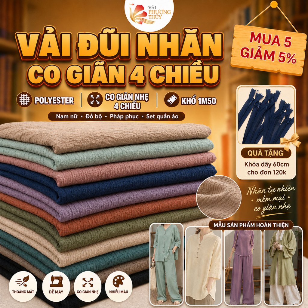 Vải đũi nhăn Phượng Thúy co giãn 4 chiều mềm mát chuyên may đồ bộ thời trang nam nữ khổ 1m50