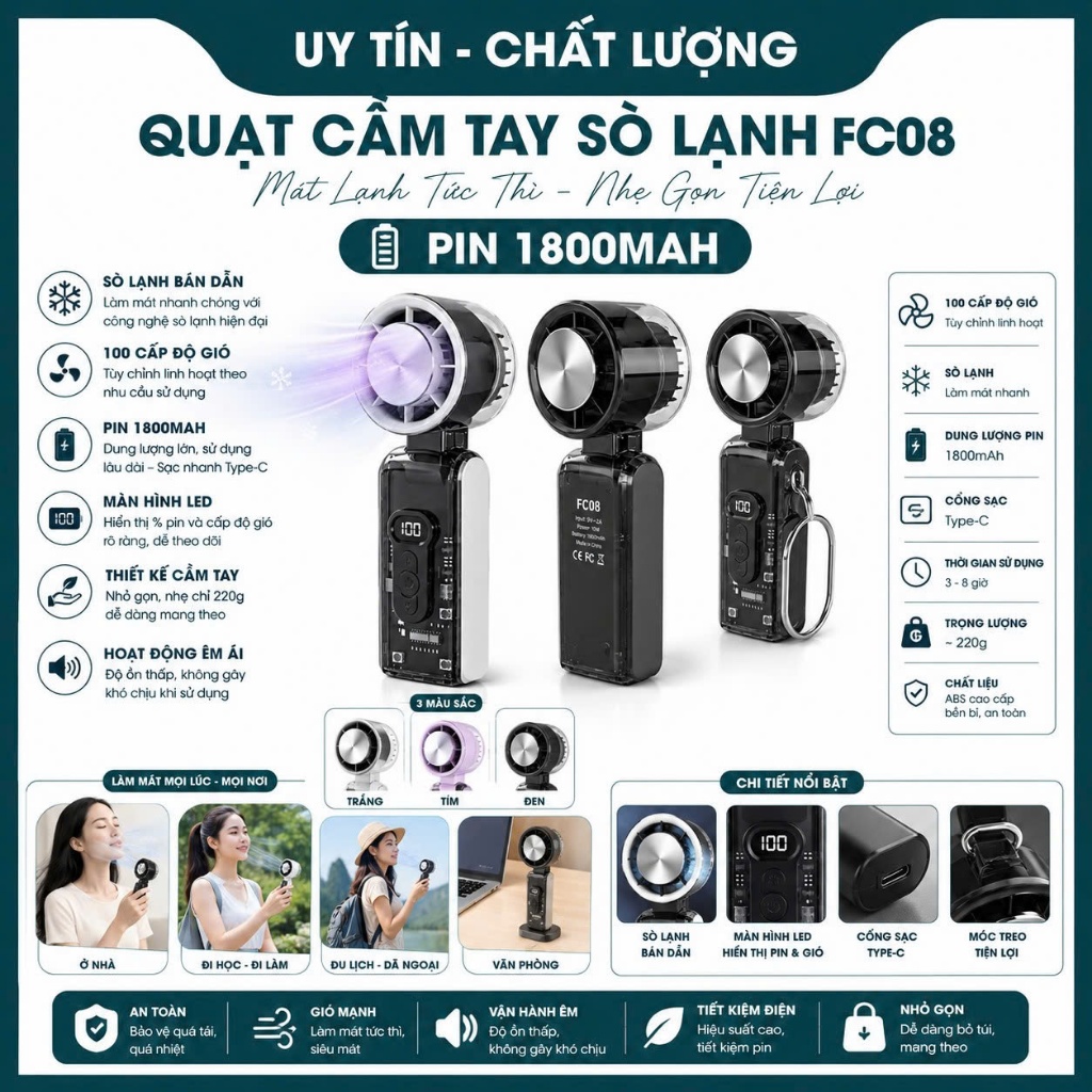Quạt Mini Cầm Tay FC8 Đa Năng, Cổ Gập Linh Hoạt, 100 Mức Gió, Pin Sạc Dung Lượng Cao