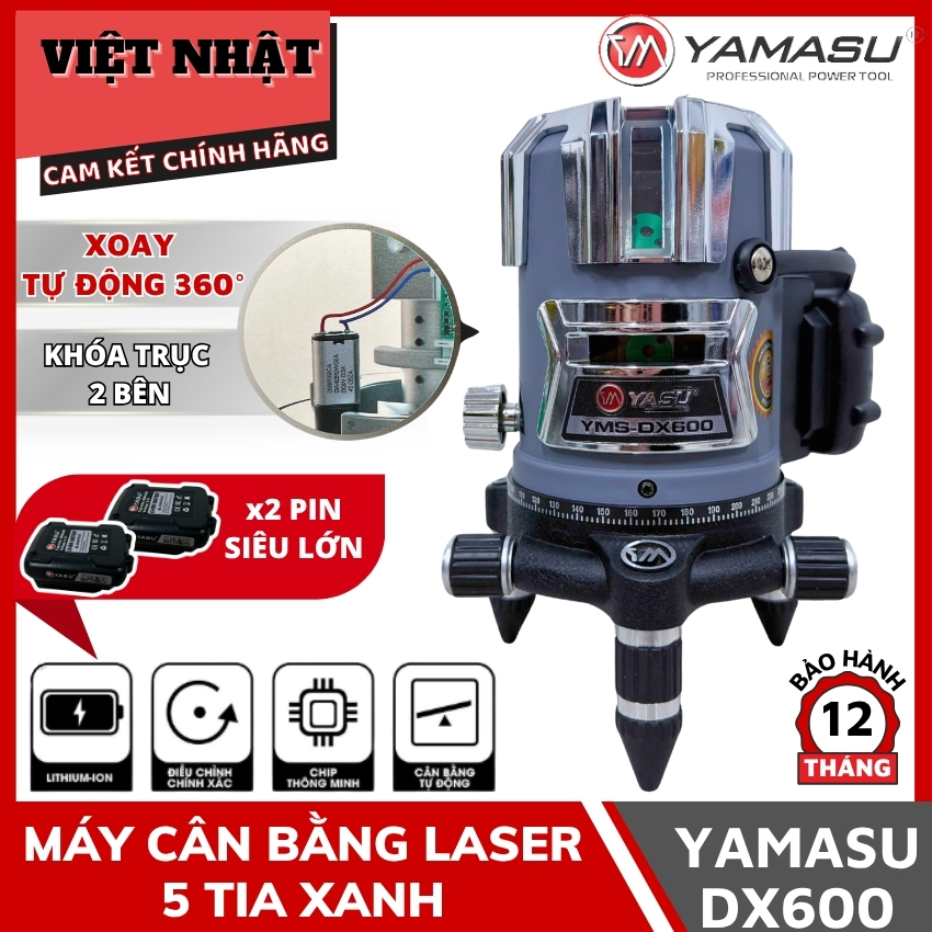 Máy cân bằng laser 5 tia xanh siêu sáng Yamasu YMS-DX600 chuyên dùng ngoài trời, đế xoay tự động bằn