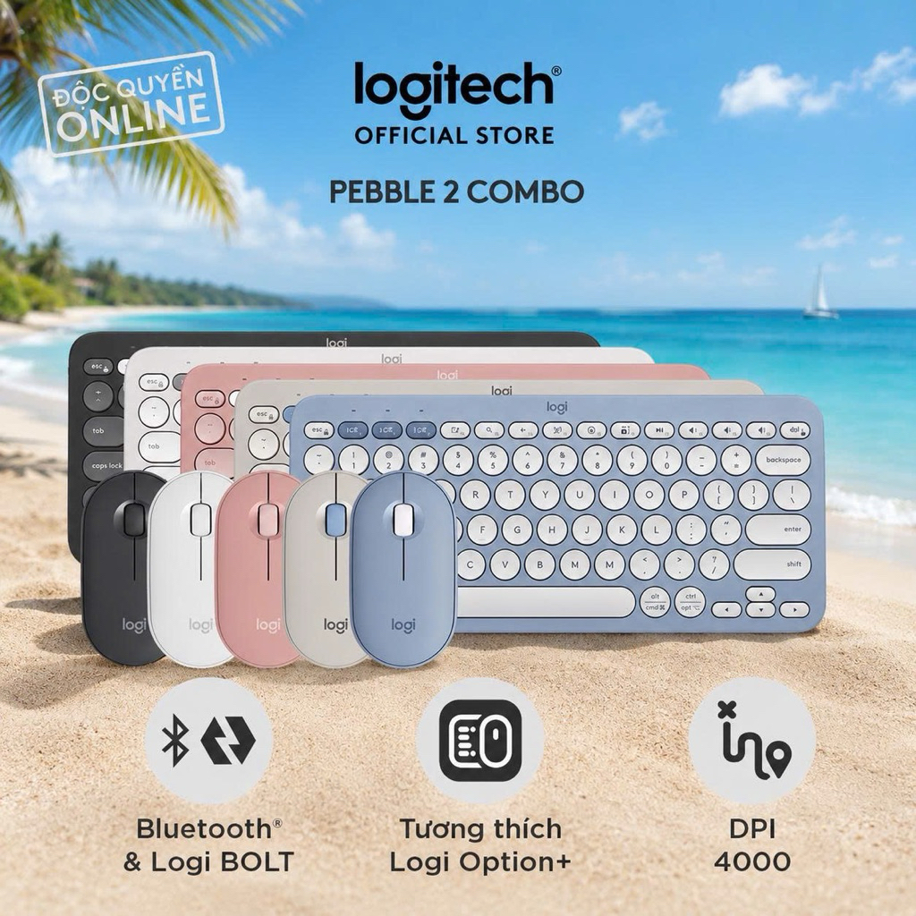 Pebble 2 Combo, Bàn phím Bluetooth Logitech K380s và chuột Logitech M350s - Yên tĩnh, Easy-Switch