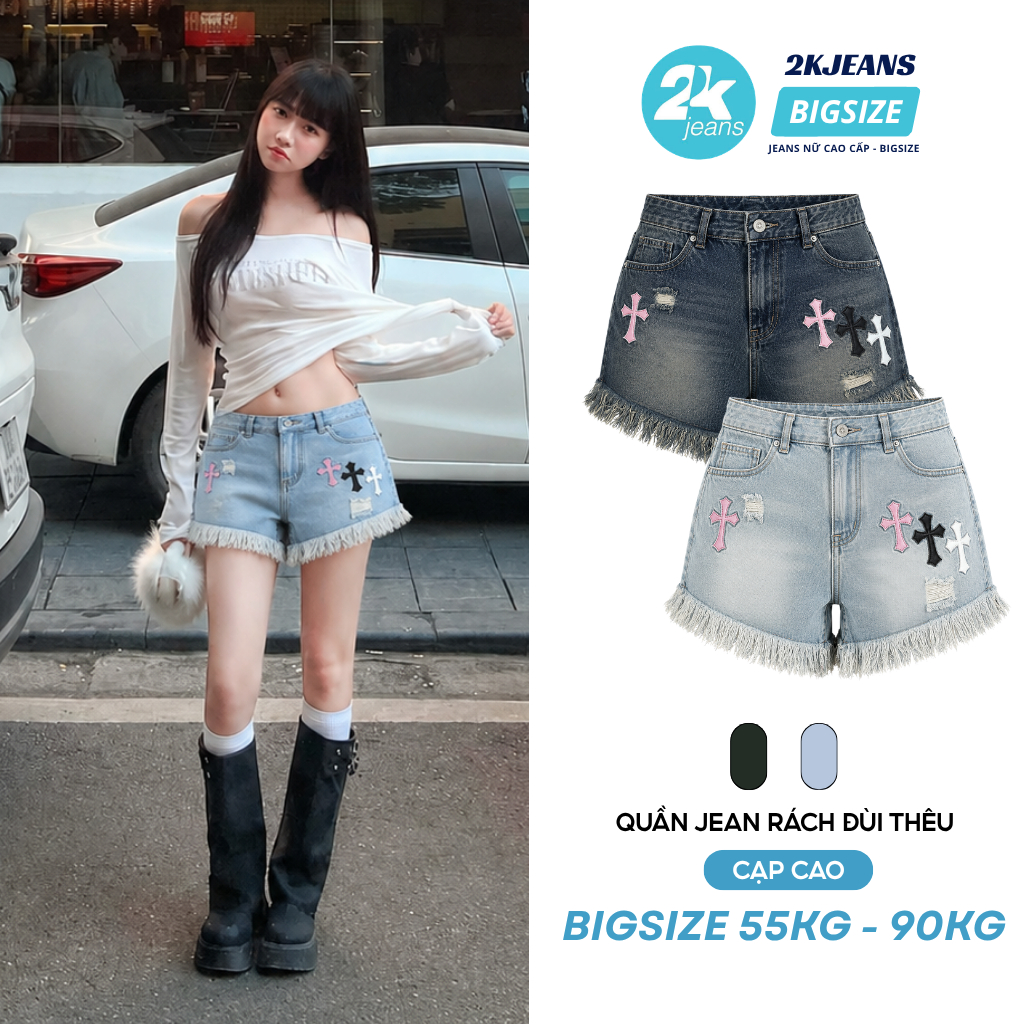 Quần Short Jean Nữ Bigsize Cạp Cao Rách Đùi Thêu Chữ Thập Tua Lai Tôn Dáng QC1319 2KJeans