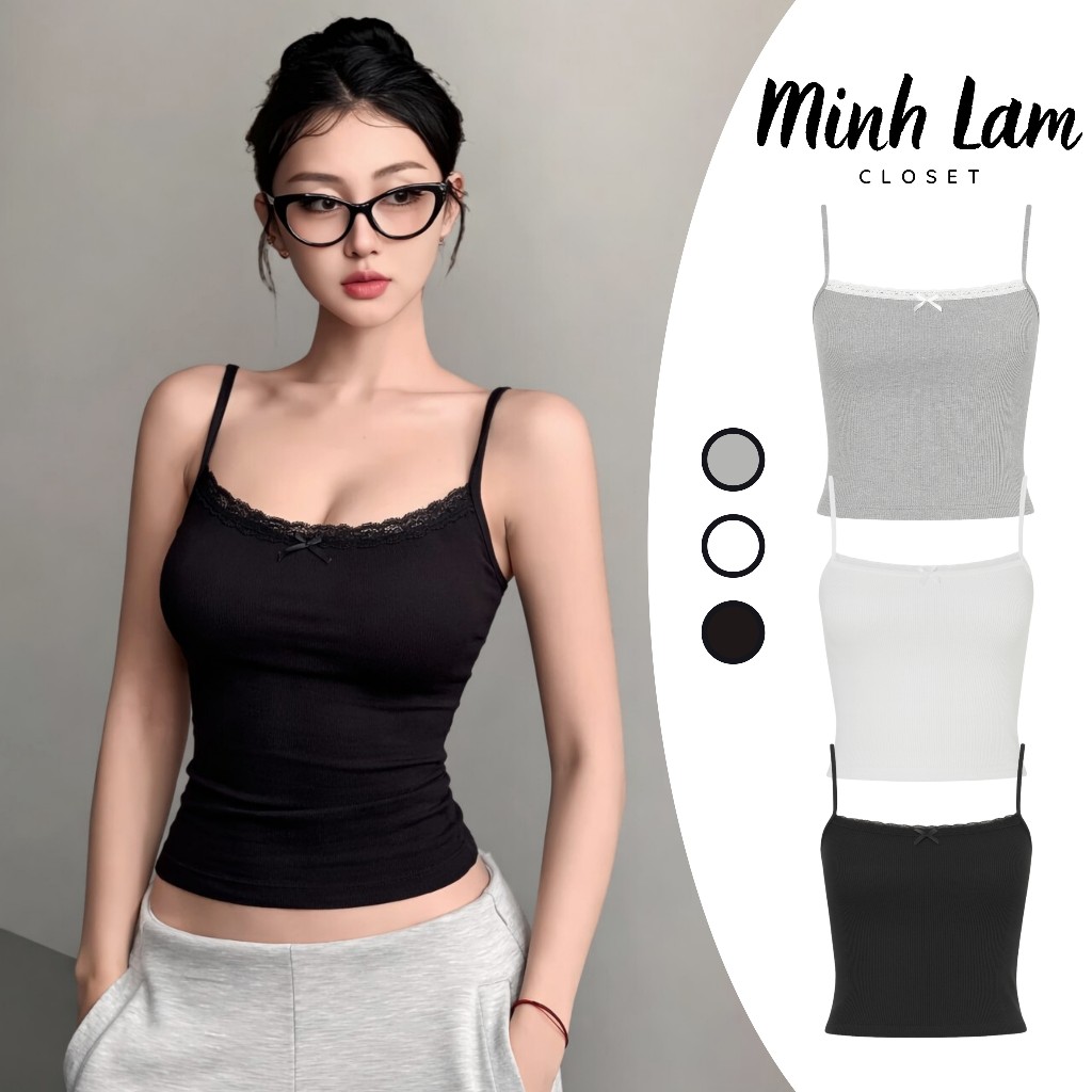 (MỞ BÁN) Áo Croptop HAI DÂY REN NƠ Chất Thun Gân CR18, Áo Hai Dây Phối Nơ Ôm Body Minh Lam Closet