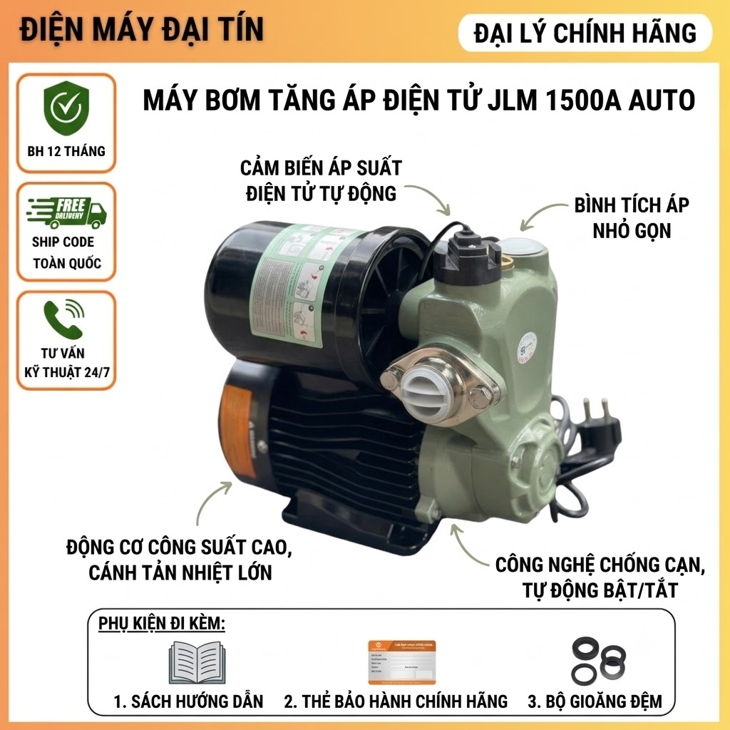 Máy bơm tăng áp điện tử Shirai JLM 1500A Auto 1500w (Chính hãng có Vat)