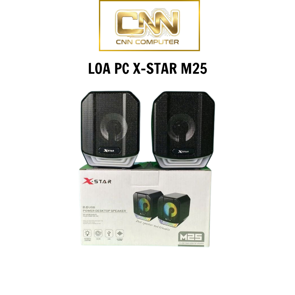 Loa PC Xstar M25 với đèn LED phát sáng nổi bật, âm thanh sống động và phong cách hiện đại.