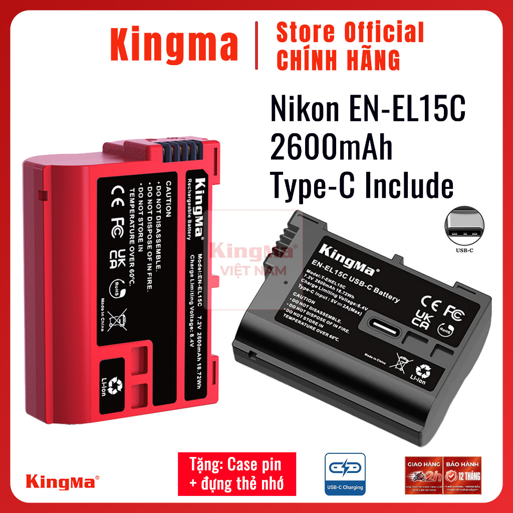 Kingma EN-EL15C 2600mAh Type-C | Pin và sạc máy ảnh Nikon ZR Z63 Z52 Zf Z8 Z5 Z6 Z7 Z6iii V1 D500 D6