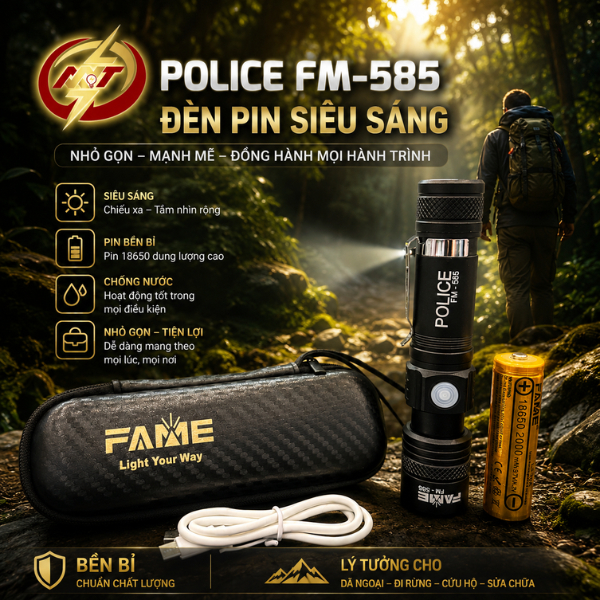 Đèn pin siêu sáng thân sắt ,dùng pin 18650 tích hợp cổng sạc FAME - 585 ( Mã Cũ T8 )