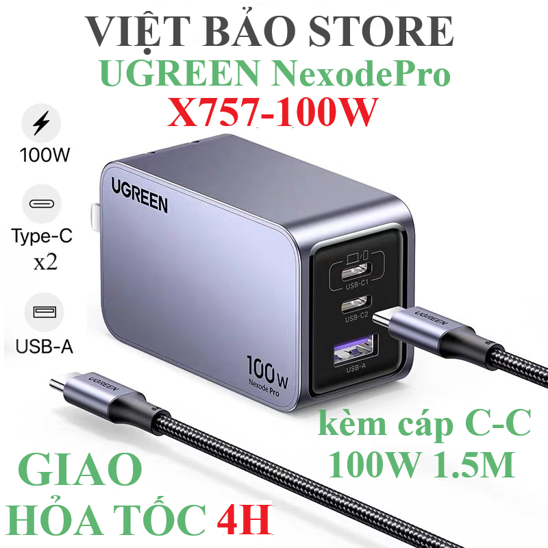 Bộ sạc nhanh UGREEN 100W NexodePro GaN 3 cổng 2C1A X757 hỗ trợ PD/PPS/QC kèm cáp C-C dài 1.5M 100W