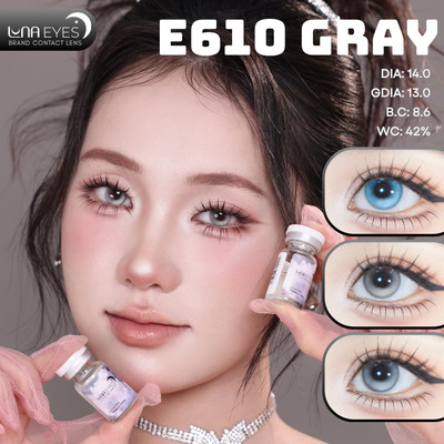 [6 tháng] Lens mắt E610 Gray màu xám hiệu ứng giọt nước, không viền, size nhỏ - thương hiệu LUNA EYES