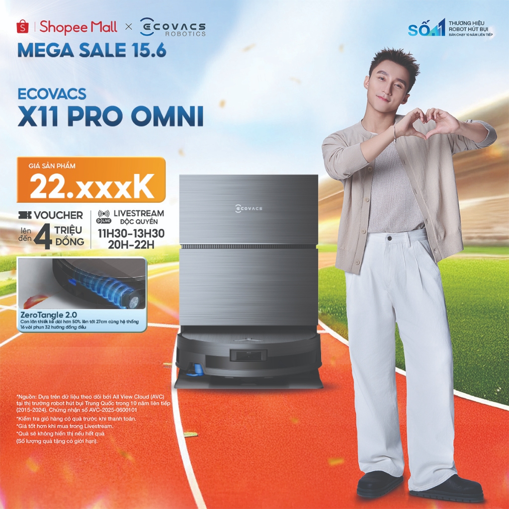 Robot hút bụi lau nhà Ecovacs DEEBOT X11 Pro Omni -Lực hút 19.500Pa - Pin 6400mAh - Thiết kế siêu mỏ