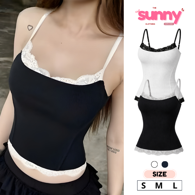 Áo Hai Dây Nữ Phối Ren AK12 Sunny Clothing – Áo Thun Gân Ôm Body Croptop Phong Cách Hàn Quốc