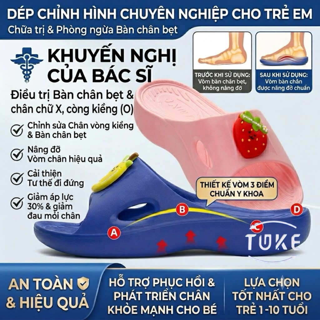 (Chính hãng) Dép lê bàn chân bẹt, dép nâng vòm phòng tránh bàn chân bẹt cho bé trai và bé gái
