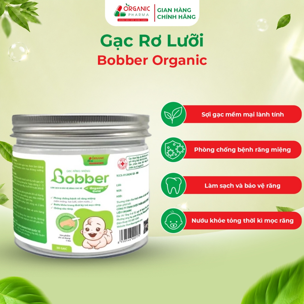 Gạc rơ lưỡi cho bé Bobber organic dạng khô, vệ sinh khoang miệng, làm sạch nướu hộp 30 gói