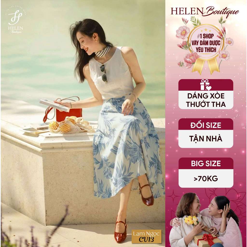 Chân Váy Lụa Xanh Sữa Cốm Thanh Nhã, Hoa Đá Sang Trọng, Lam Ngọc - CV13 - Helen Boutique
