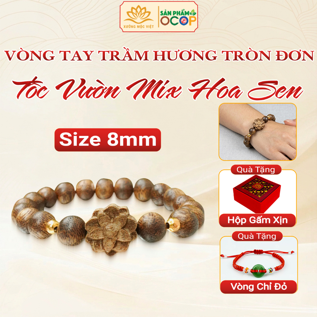 Vòng tay trầm hương hạt tròn đơn mix phụ kiện Trầm Tóc Vườn mang may mắn bình an - Xưởng Mộc Việt
