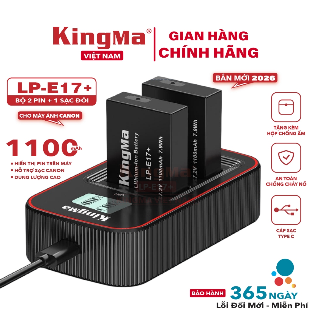 Bộ 2 Pin + 1 Sạc Đôi KingMa LP-E17 Plus+ Dung Lượng Cao 1100mAh Chính Hãng Cho Máy Ảnh Canon  Bản Mớ