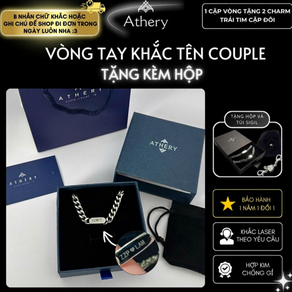 [Khắc tên + Tặng hộp] Vòng tay Nam/Nữ Couple - Phụ kiện trang sức BST Athery Unisex Bền Bỉ Chống đen