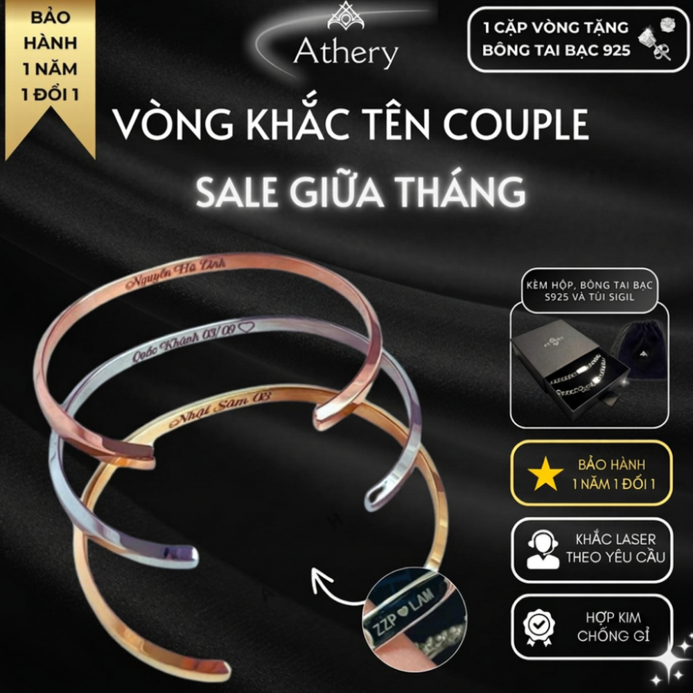 [Khắc tên + Tặng hộp]Vòng tay CUFF khắc tên couple  - Trang sức Nam/nữ sang trọng khắc tên theo yêu 