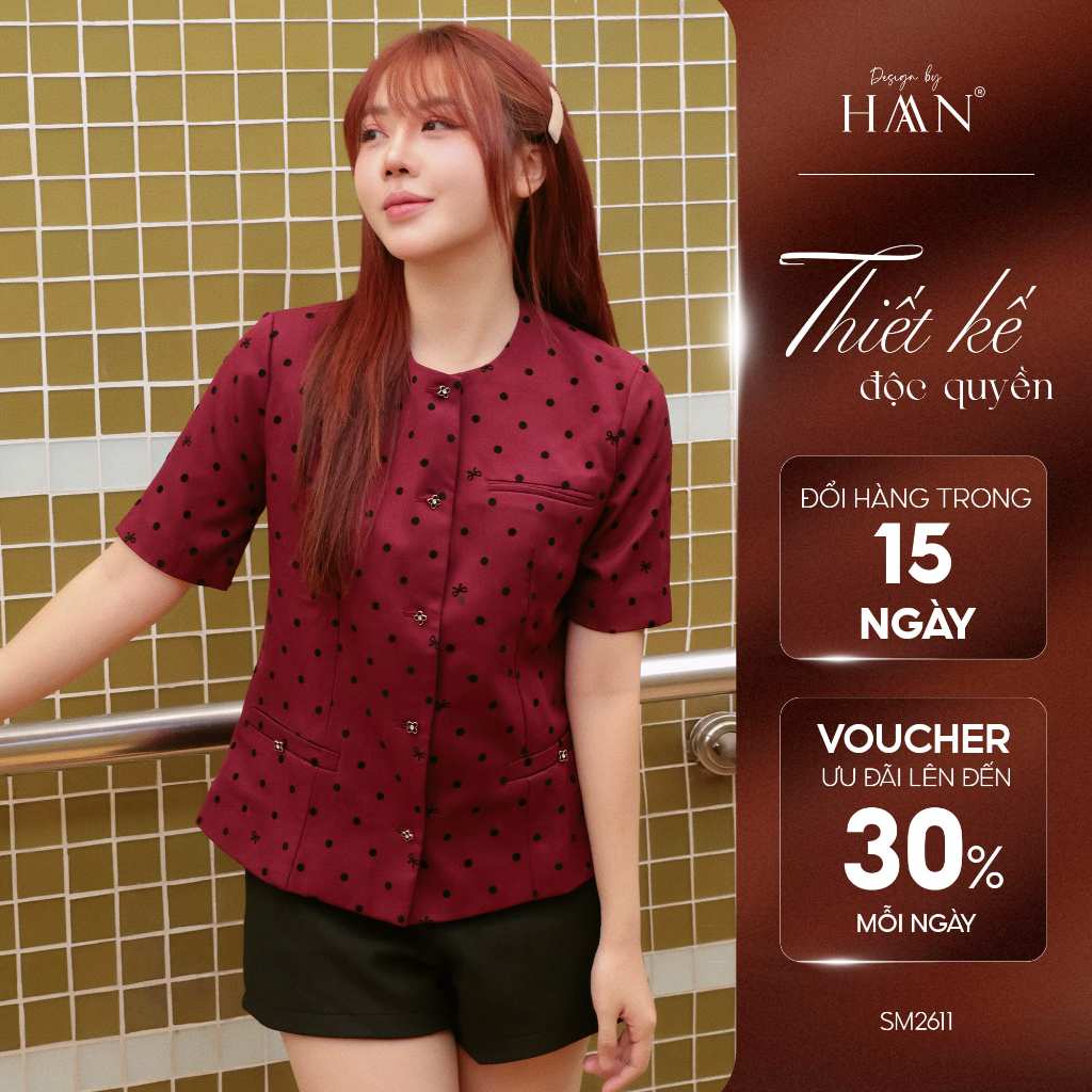 Áo Sơ Mi Công Sở Nữ Ngắn Tay Cổ Tròn Chấm Bi, Chất Liệu Thoáng Mát Không Nhăn HAAN Design SM2611