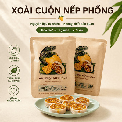Túi Xoài Ăn Vặt Nam Xanh, Xoài Cuộn Nếp Phồng, Nguyên Liệu Tự Nhiên, Không Chất Bảo Quản, Túi 40g