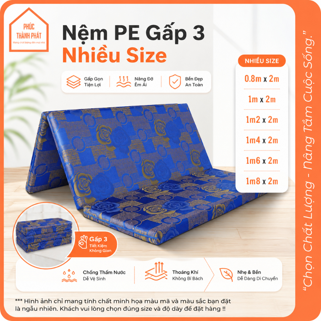 Nệm Gấp 3 Chất Liệu PE Dày 3 5 10 Phân Gọn Nhẹ Tiện Dụng Nệm Sinh Viên Giá Rẻ - 1M 1M2 1M4 1M6 1M8 2