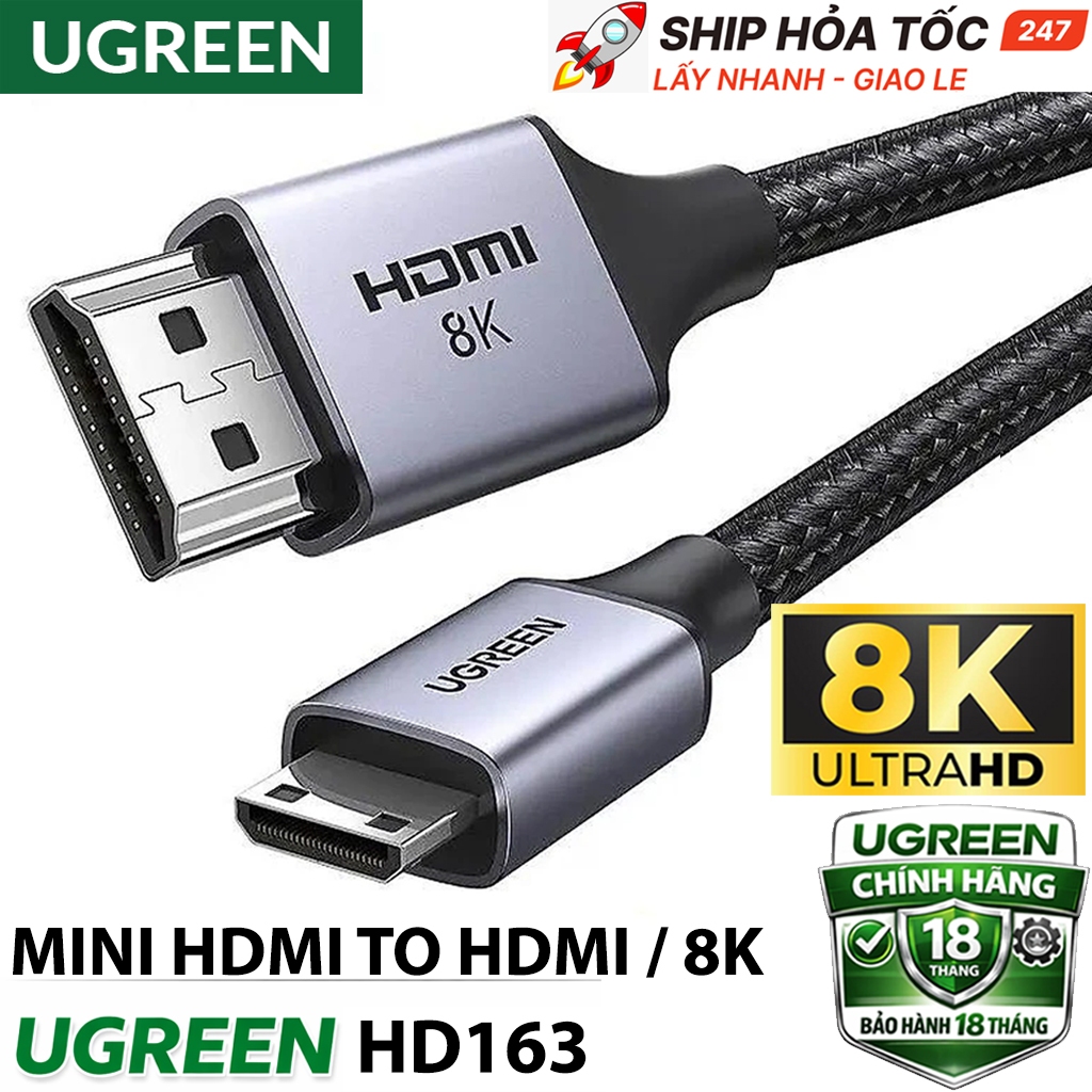 CÁP MINI HDMI TO HDMI 2.1 UGREEN HD163 – HỖ TRỢ 8K@60Hz – BĂNG THÔNG 48Gbps – CHUẨN HDMI 2.1