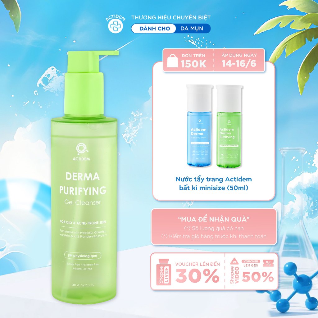 Gel rửa mặt dành cho da dầu mụn, nhạy cảm Actidem Derma Purifying Gel Cleanser 180/200ml