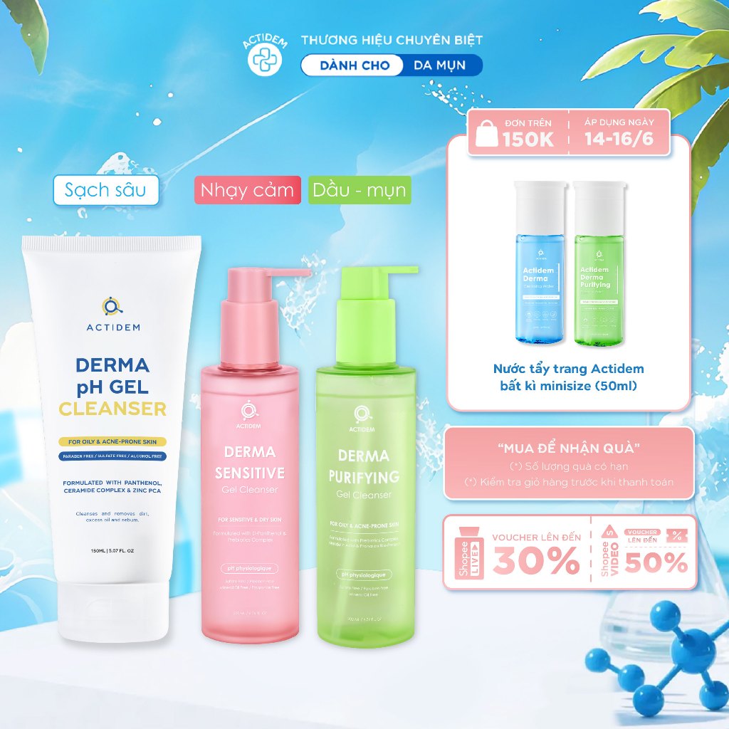 Gel rửa mặt cho da dầu, nhạy cảm, da hỗn hợp Actidem Derma pH/Sensitive/Purifying Gel Cleanser 30/15