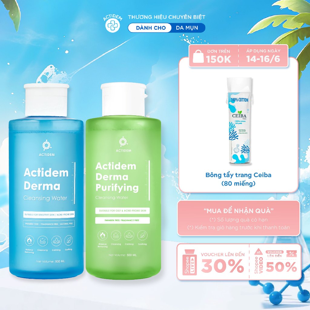 Tẩy trang Actidem Derma Cleansing Water/ Purifying Cleansing Water cho da mụn, dầu mụn 500ml