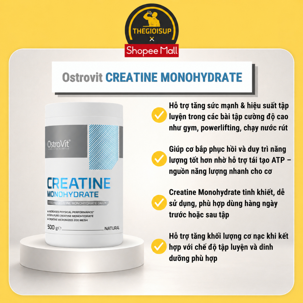 Ostrovit Creatine Monohydrate (300g/,500g/1000g) Hỗ Trợ Cải Thiện Hiệu Suất, Sức Mạnh Cơ Bắp