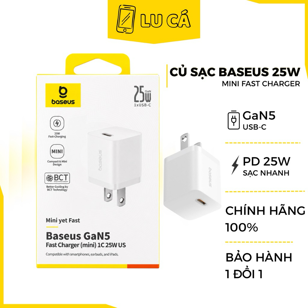Củ Sạc Nhanh Baseus GaN5 Fast Charger (Mini) 1C 25W US– Công Nghệ GaN, Nhỏ Gọn, Sạc Nhanh PD, An Toà