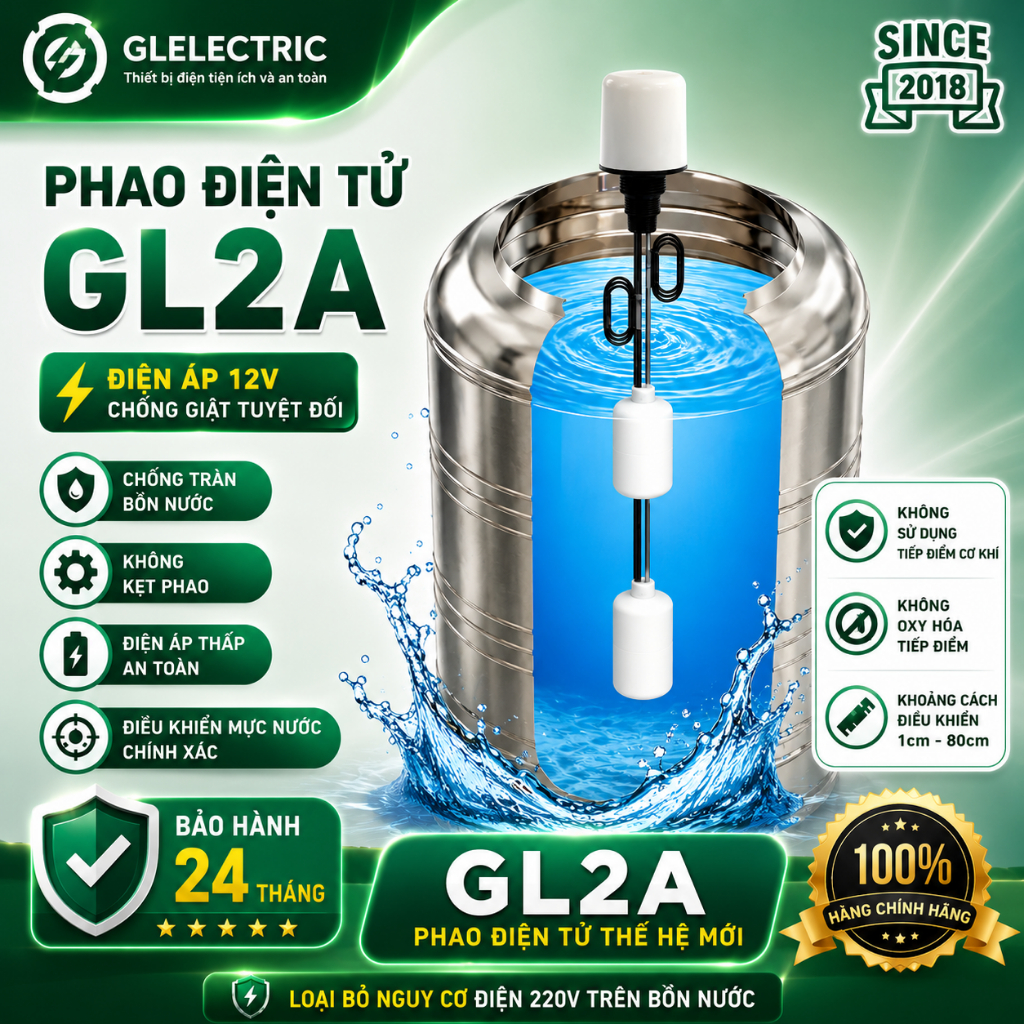 Phao điện 12v GL2A GLELECTRIC – phao bồn nước thông minh không kẹt, chống tràn, bảo hành 2 năm