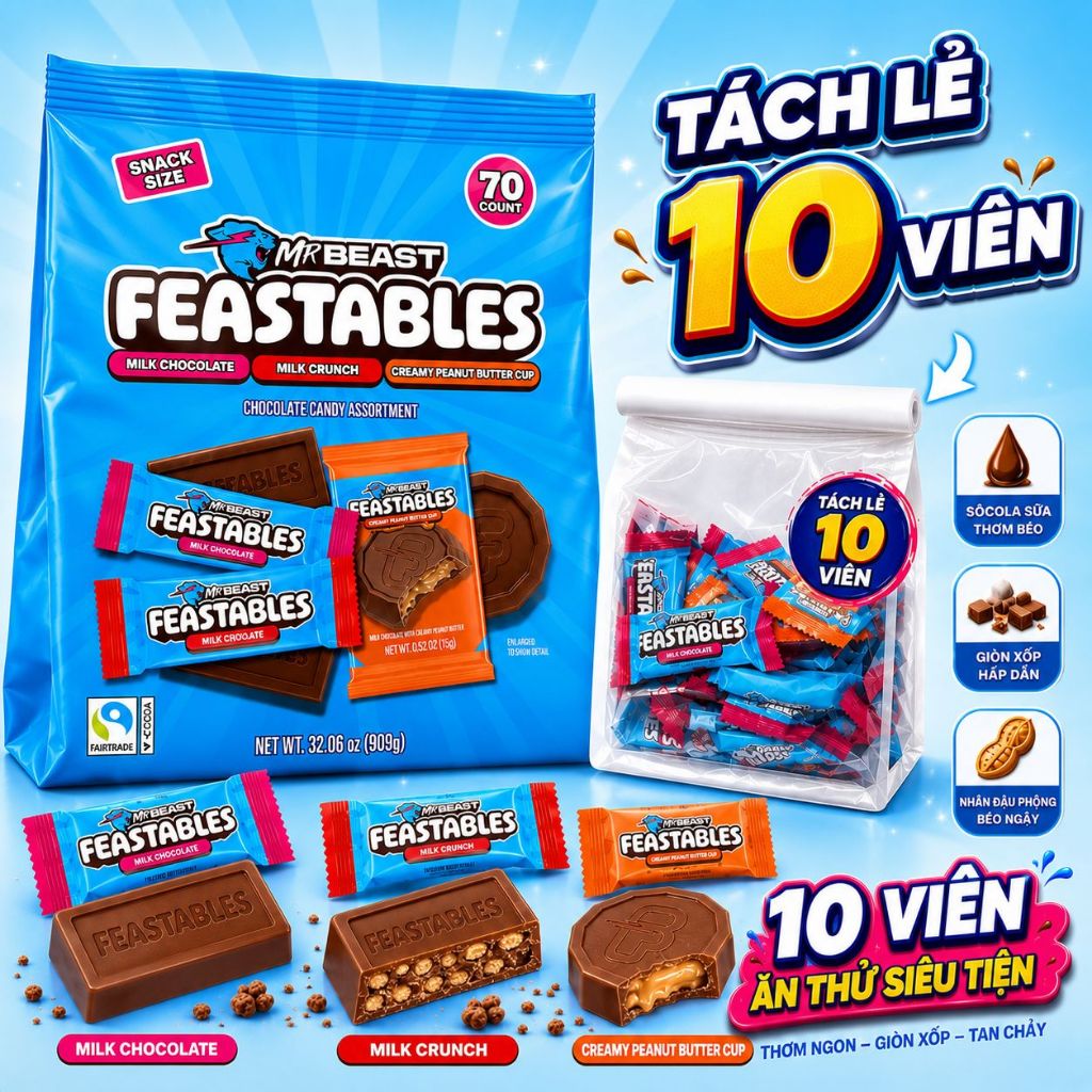 [HSD 9/2026] Kẹo Socola Mr.Beast Feastables Đủ Vị - Kẹo Socola Mr Beast Socola Sữa Nhập Mỹ