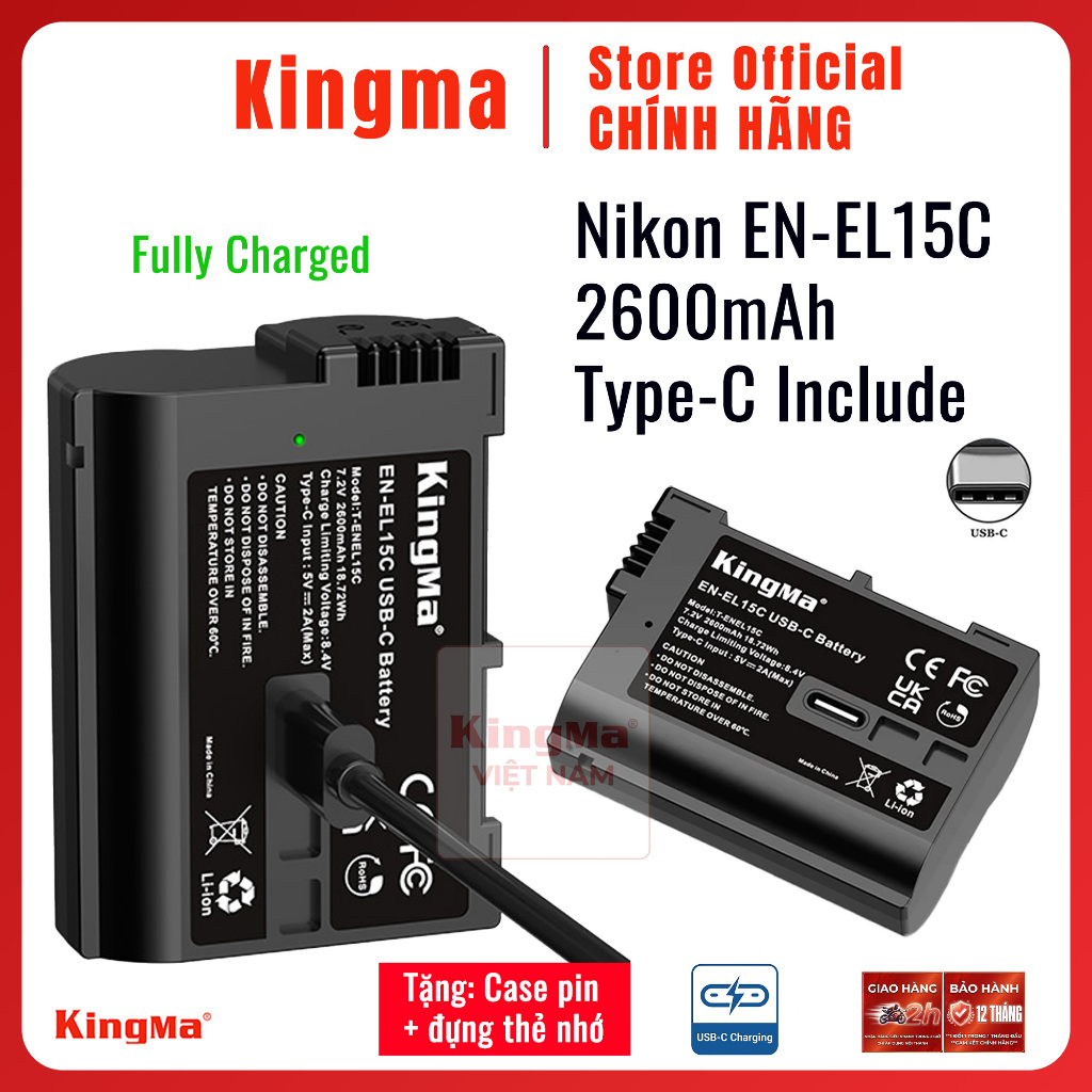Kingma EN-EL15C 2600mAh Type-C | Pin dung lượng cao Nikon ZR Z63 Z52 Zf Z8 Z5 Z6 Z7 Z6iii V1 D500 D6