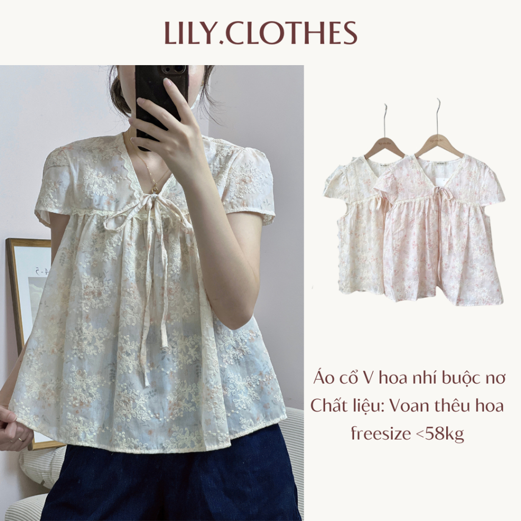 Lily.clothes- Áo kiểu nữ cổ V buộc nơ vải voan tơ thêu hoa điệu đà