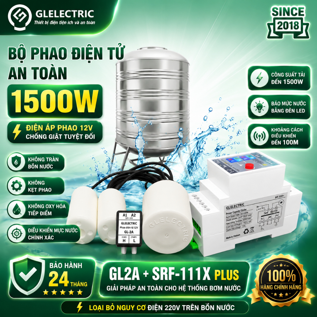 Bộ phao điện 12v GL2A + rơ le SRF-111X Plus GLELECTRIC – chống kẹt chống giật 1500W, BH 2 năm