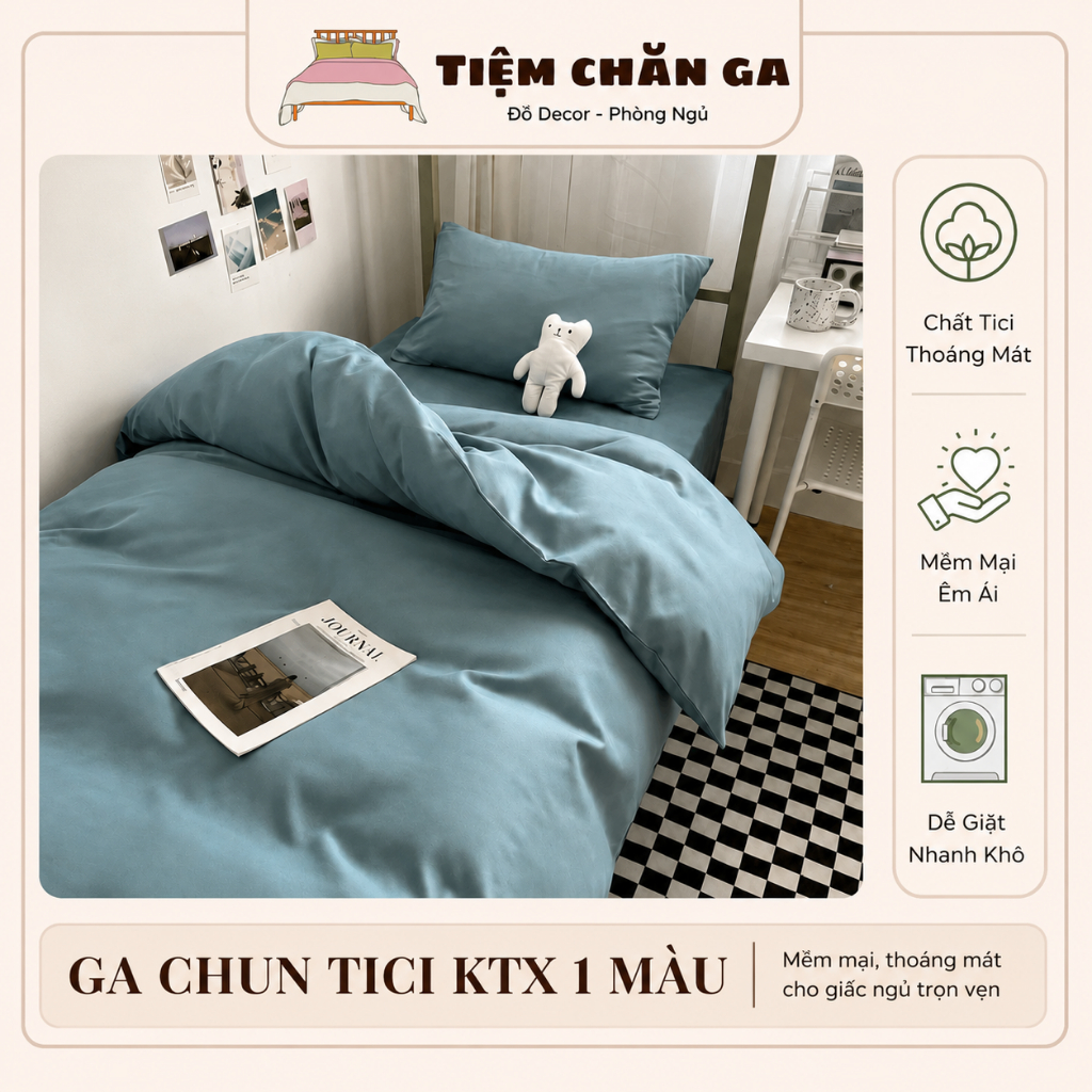 Ga Chun Ký Túc Xá Cotton Tici 1 Màu, Màu Trơn Basic Dễ Dùng, Ga Bo Chun Cho Đệm Dưới 10cm, Size 80x2