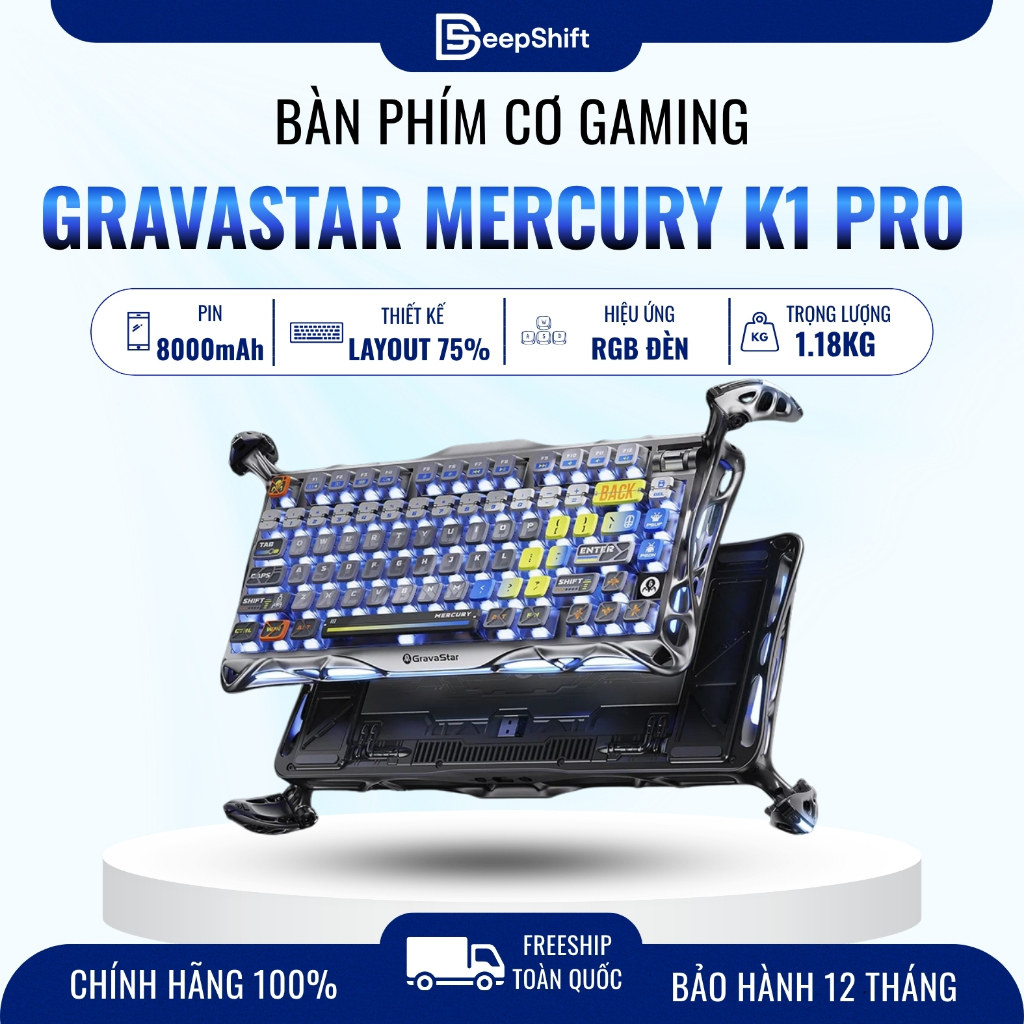 Bàn phím cơ GravaStar Mercury K1 Pro Interstellar Silver RGB Wireless Hot Swap Gaming Keyboard
