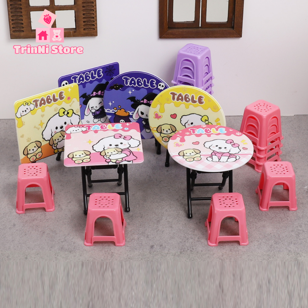 Bộ bàn ghế hoạt hình gấp gọn thu nhỏ kèm ghế đẩu Đồ chơi nhà bếp mini Nhà búp bê đồ trang trí